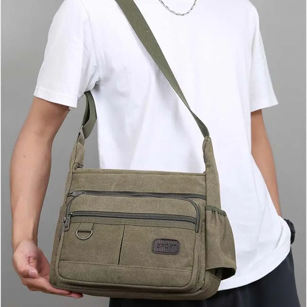 

Portable Korean Style Men Messenger Bags with Bottle Pocket Square Canvas Crossbody Bag Zipper Solid Color Simple Phone Bag Lady
