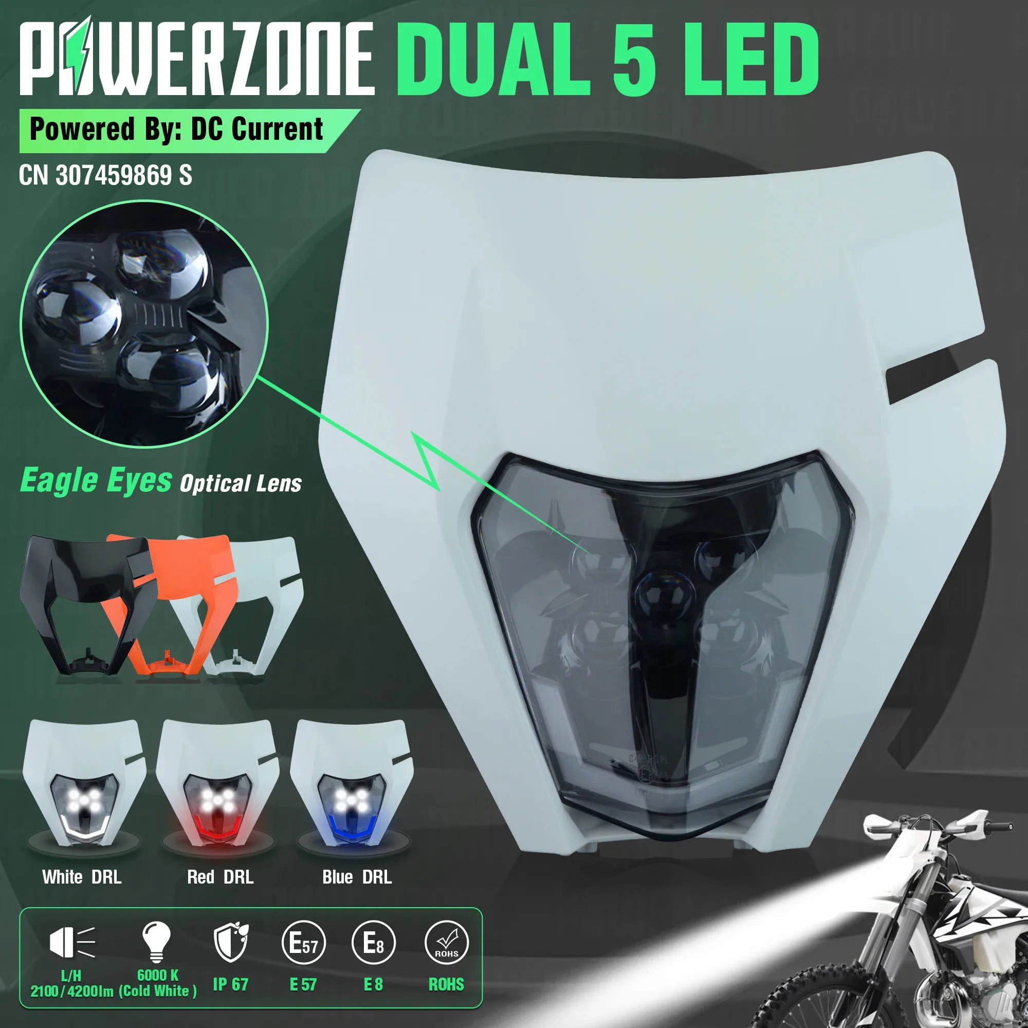 

PowerZone Motorcycle LED Headlight Headlamp Head Light Supermoto Fairing For KTM EXC SXF MX Dirt Bike Enduro LED Headlight