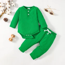 0-18 year old baby boy green diamond knitted towel cloth long sleeved drawstring romper pants set