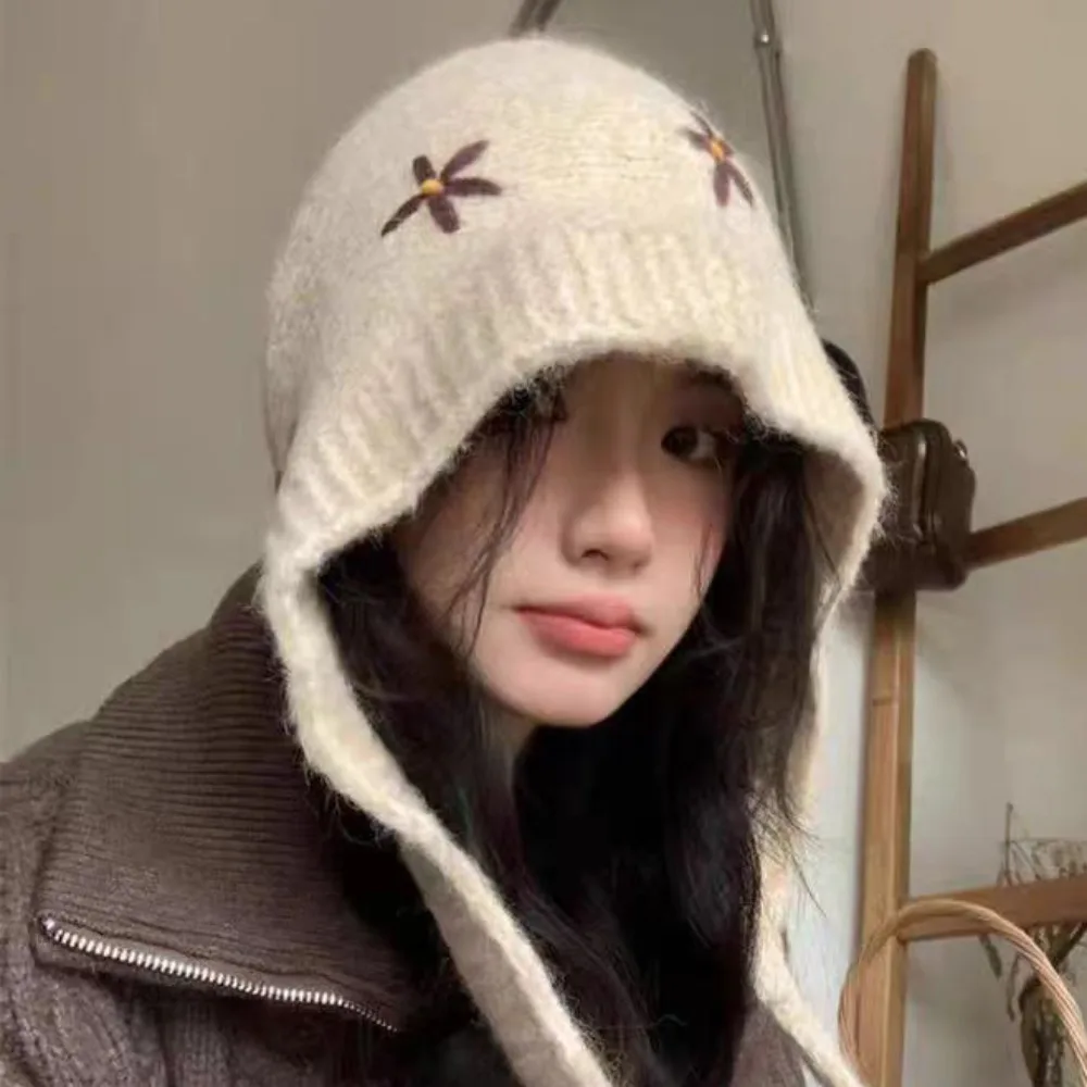 

Sweet Knitted Balaclava Hat Woolen Keep Warm Neck Collar Beanies Cap Neck Protector Embroidered Flowers Pullover Cap Girls