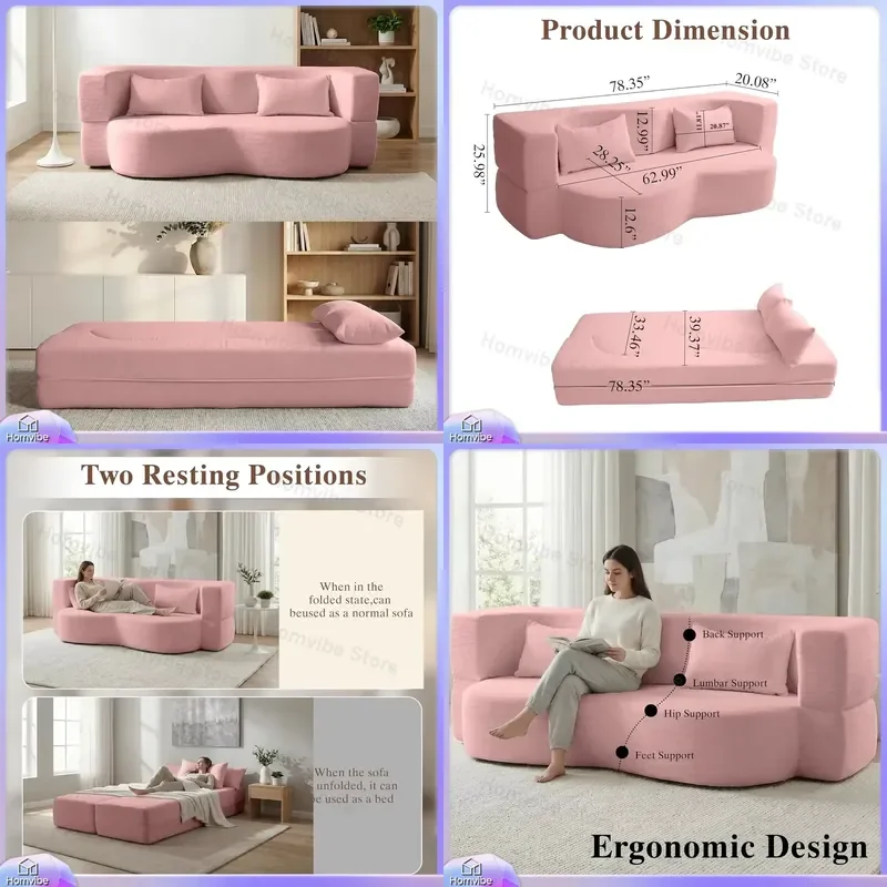Queen Size Convertible Sofa Bed 2 in 1 Folding Floor Couch with Mattress Teddy Fabric No Assembly Living Room Guest Room Pink