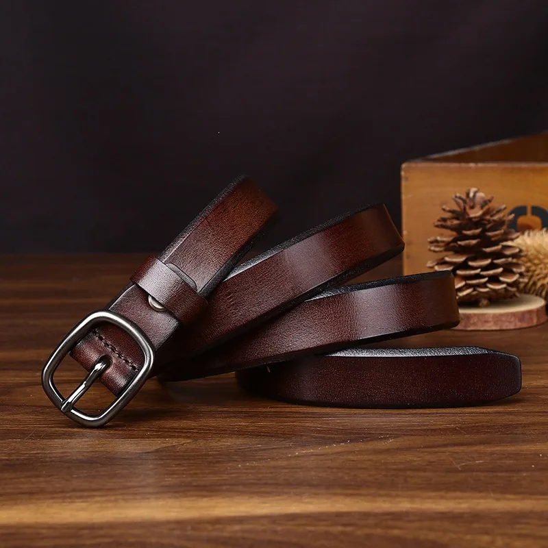 2.4CM Pure Cowhide High Quality Genuine Leather Thin Belts for Women Brand Strap Vintage Jeans Cowboy Leisure Needle Buckle Belt