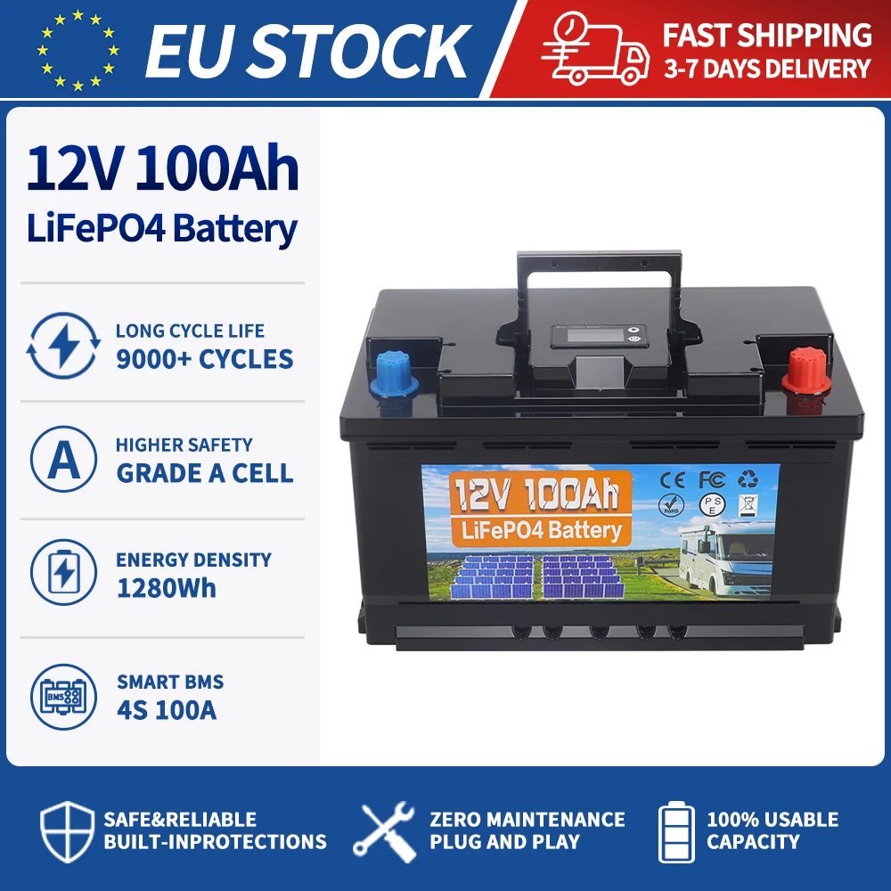 Batteria al litio ferro fosfato 12V 100Ah 150AH 350AH Capacità nominale Batteria LiFePO4 100A BMS Solare Portatile Ricaricabile 9000 Cicli di vita