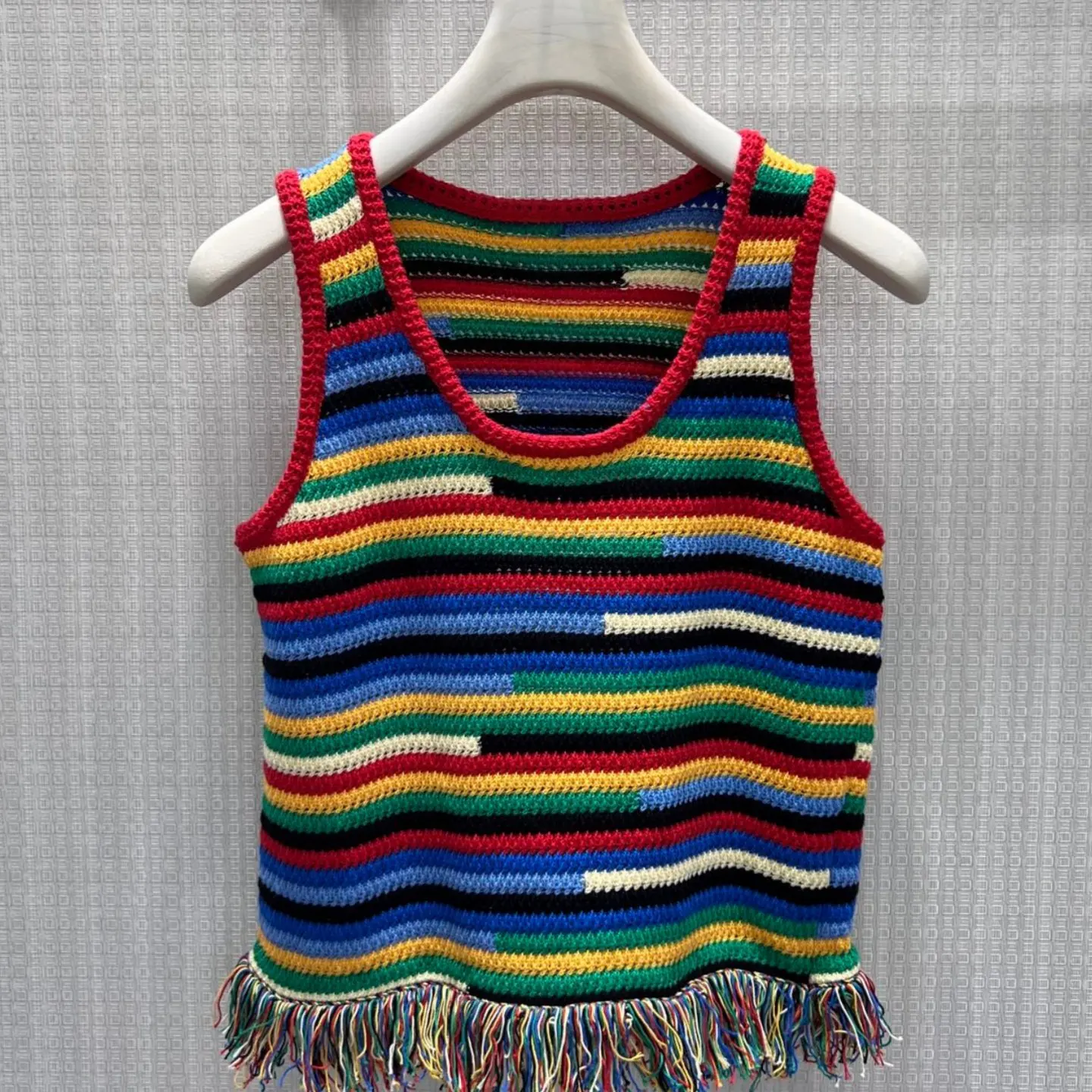 Women's New Arrival Cute Rainbow Stripe Knit Tank Top and Pleated Mini Skirt Two Piece Outfit