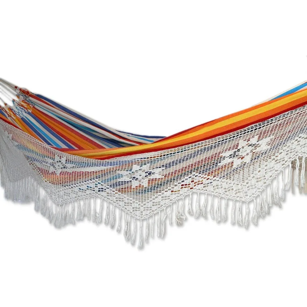 

Multi-Color Blue Red and Orange Striped Cotton 2 Person Hand Woven Brazilian Hammock with White Crochet Fringe