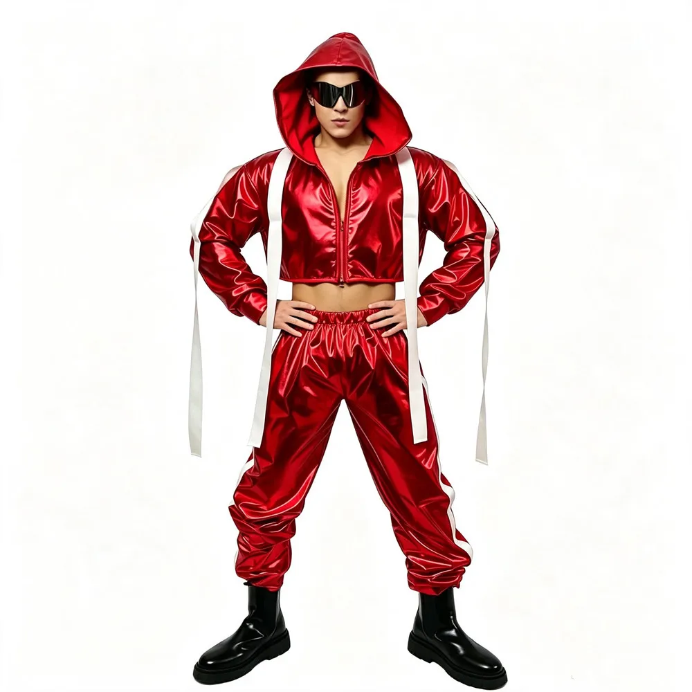 Men Hip Hop Red Laser Dance Outfit Shiny Fringe Hooded Jacket Pants Set  for Singer Dancer Stage Performance Nightclub Costume