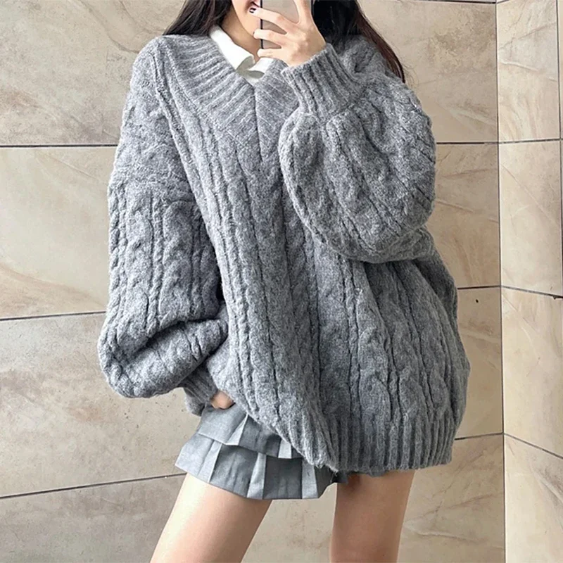 Kobiety w stylu Vintage leniwy wiatr V Neck śliczne swetry z dzianiny jesień dorywczo luźny sweter z długim rękawem koreański Oversize zielone swetry