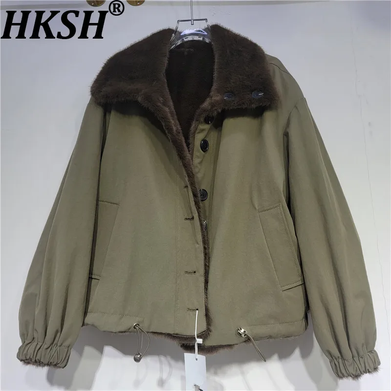 

HKSH 2025 Winter New Women's Reversible Parka Coat Faux Fur Collar Single Breasted Color Block Trendy Casual Warm Jacket HK14620