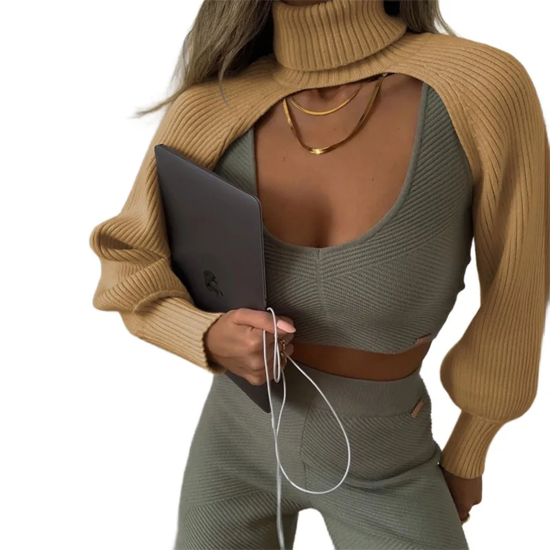 Fashion Women Crop Top Short Pullover Turtleneck Long Sleeve Knitted Sweater High Street Chic Jumpers Matching Vest Tank Top