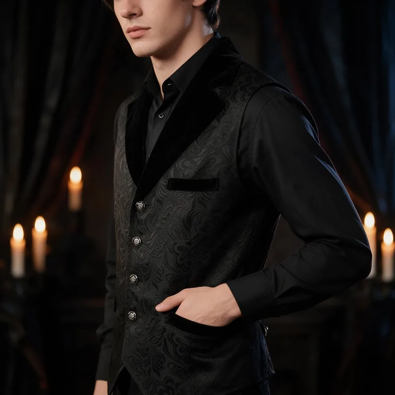 Men Black Brocade Gothic Waistcoat Velvet Lapel Steampunk Victorian Vintage Halloween Slim Fit Tuxedo Weddir  Cosplay Party Vest