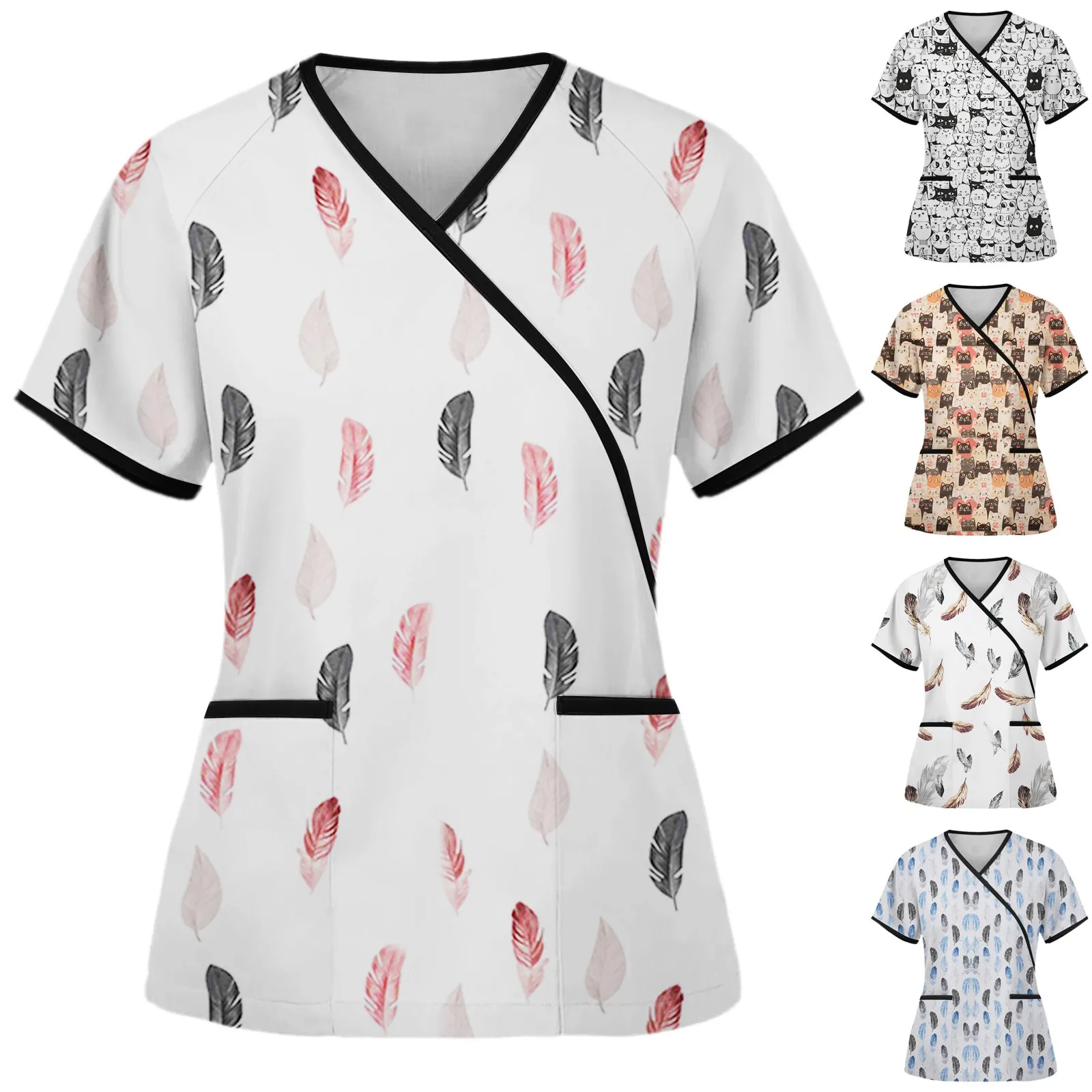 Animal print V-neck carer top Casual short sleeve Women Scrubs Top Nursing Uniform Nurse Shirt Working Medical Uniforms Supplies