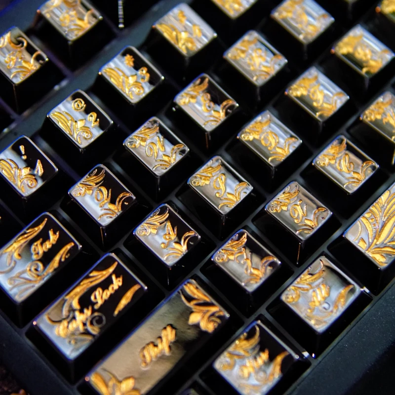 Metal Keycaps Carved with Intricate Floral Mirror Black cherry profile key caps cute Gothic style cartoon anime point key casp
