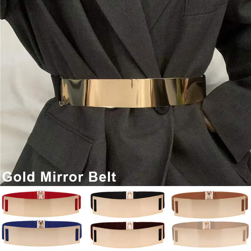 1pc 6cm Width Elastic Belt Women Gold Silver Metal Mirror Waistband Ladies Overcoat Dress Shirt Belt Fashion Apparel Accessories