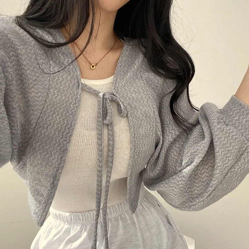 Casual Knitted Cardigan Women Fashion Thin Sunscreen Lace-Up Knitwear Tops Y2k Girls Korean Style Lantern Sleeve Cropped Coat