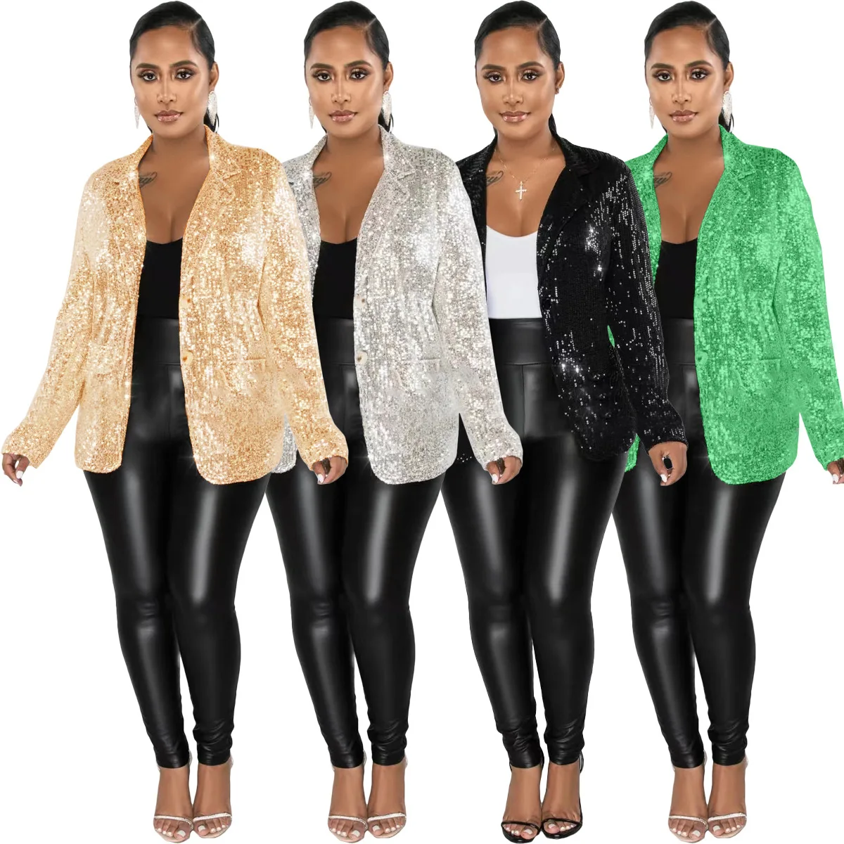 Blazers Women Sequin Coats Turn Down Collar Full Sleeve Slim Fit Casual Blazer Suits Elegant Splice Open Stitch Autumn Winter