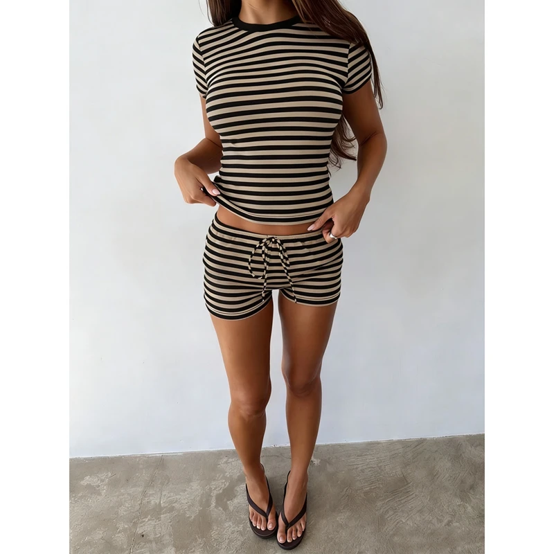 Women's Summer 2Piece Slim Fit Shorts Outfit Striped Crew Neck Short Sleeve T-Shirt Tops and Drawstring Waist Shorts Tracksuit