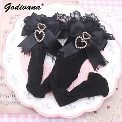 Handmade Sweet Lolita Bow Pearl Heart Pendant Lace Mid-Calf Socks Japanese Style Cotton Lace Socks Girls Women