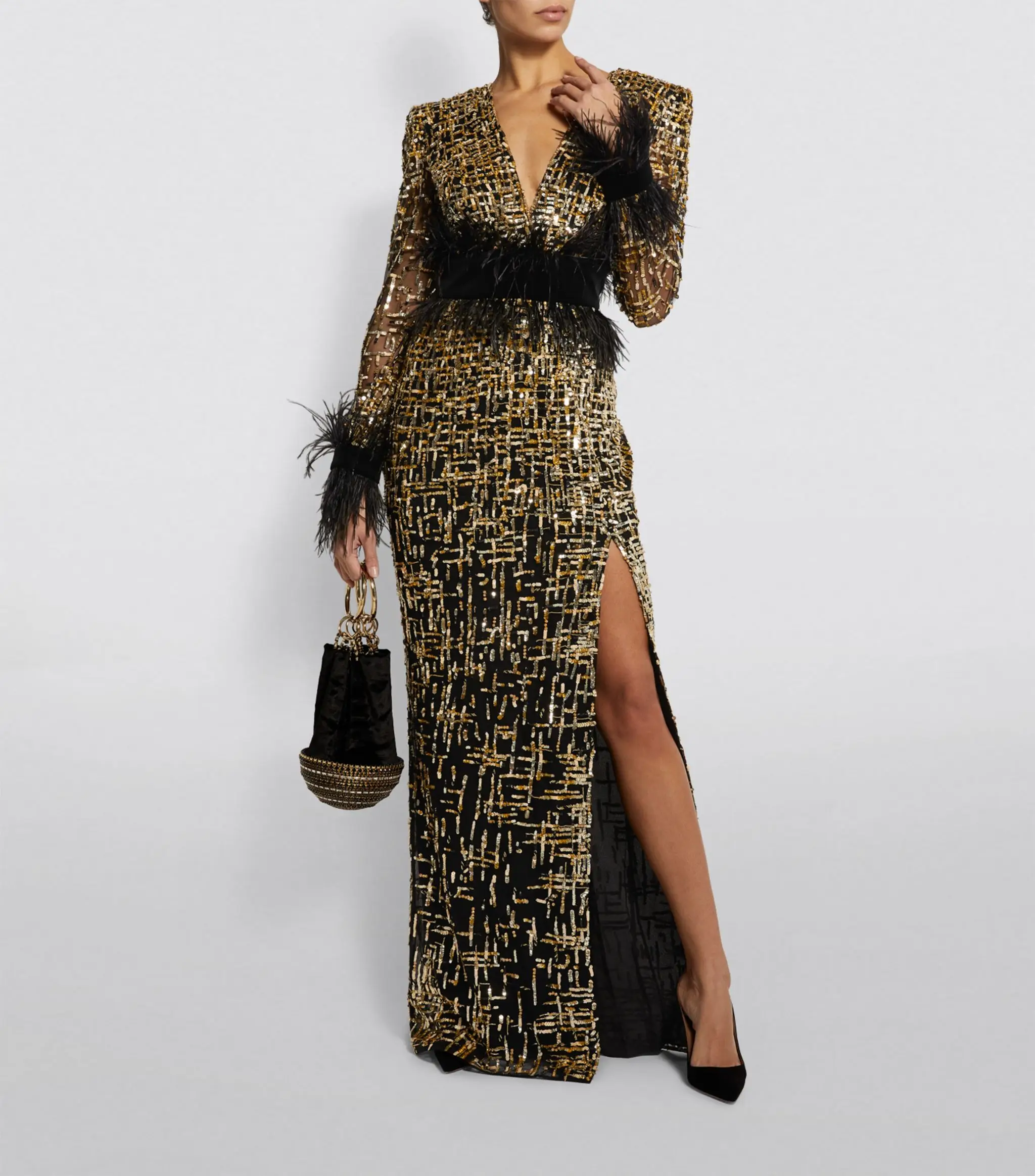 L365 Zuhair Murad Black Long Sleeves Feathers Gold Beaded   فساتين السهرة vestidos de fiesta  فساتين سهره evening dress