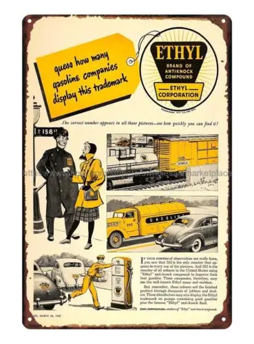 1947 Ad Ethyl Antiknock Compound Gasoline Pump Tanker metal tin sign log cabin