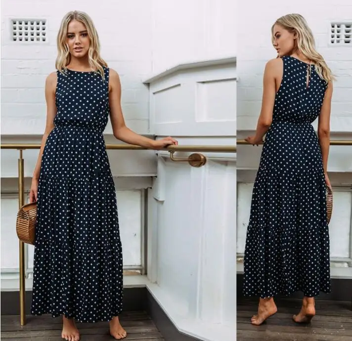 Women Polka Dot Dress Summer Women Sleeveless O-neck Elegant Casual Boho Midi Dress Vintage Party Dresses