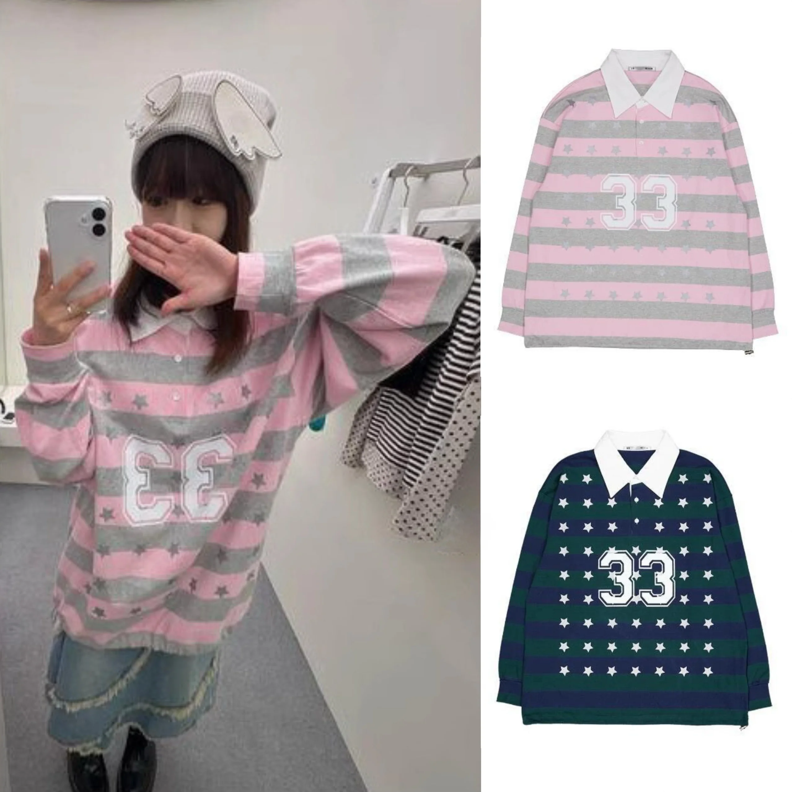 เสื้อสเวตเชิ้ตผู้หญิงลายทางสไตล์อเมริกันทรงหลวม แขนยาวปานกลาง ผ้าฝ้าย