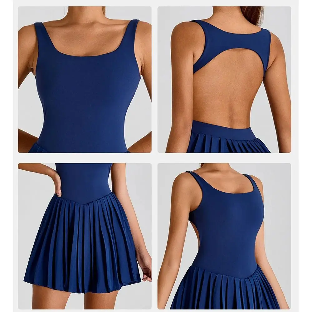 فستان تنس نسائي مجوف برباط من البوليستر تنانير كرة الريشة مدمجة قصيرة عالية المرونة لليوجا واللياقة البدنية فستان تنس جولف