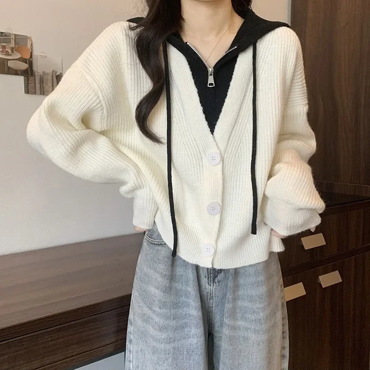 Fake two-piece knitted cardigan jacket women\'s autumn and winter plus size casual simple slim short hooded sweater top