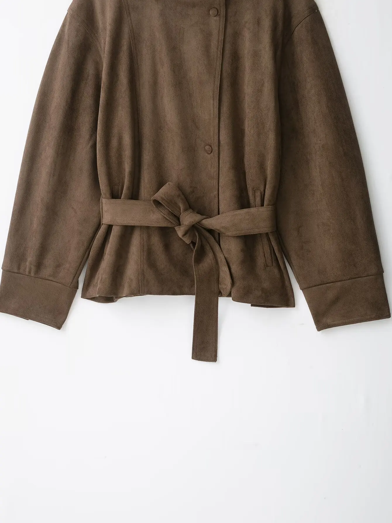 TFMLN Damen Wildlederjacke, Modischer Stehkragen, Gürtel, Locker Geschnittene Oberbekleidung, Herbst-Winter Freizeitjacke, Einfarbig, Vintage-Stil 2026 – Detail 18