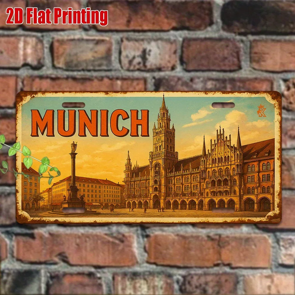 2D Flat,1pc, Vintage Metal Sign, Outdoor Wall Art (30cm x15cm), MUNICH Aluminum Sign, Home Decor, City Decor, Retro Landmark