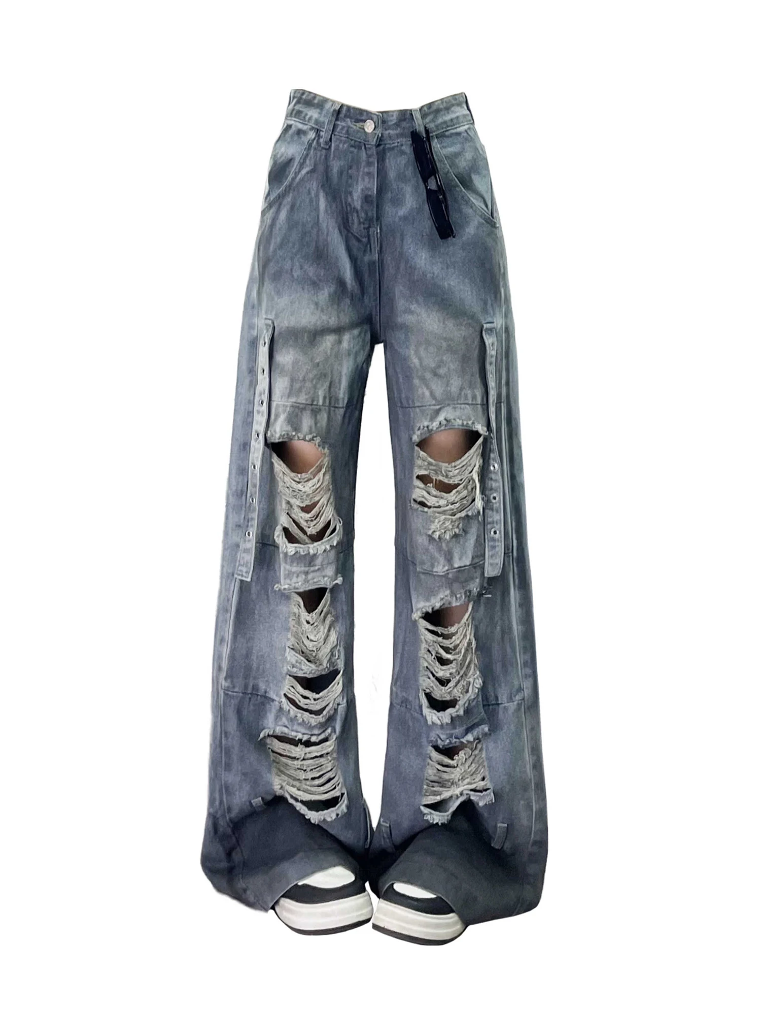 

Women's Blue Y2k Ripped Jeans 90s Vintage Harajuku Baggy Boyfriend Jean Pants Japanese 2000s Style Grunge Hip Hop Denim Trousers