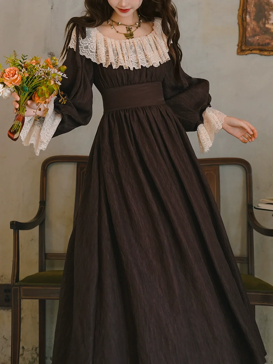 

Spring Autumn Women French Court Retro Lace Corset Puff Sleeve Jacquard Texture Dress