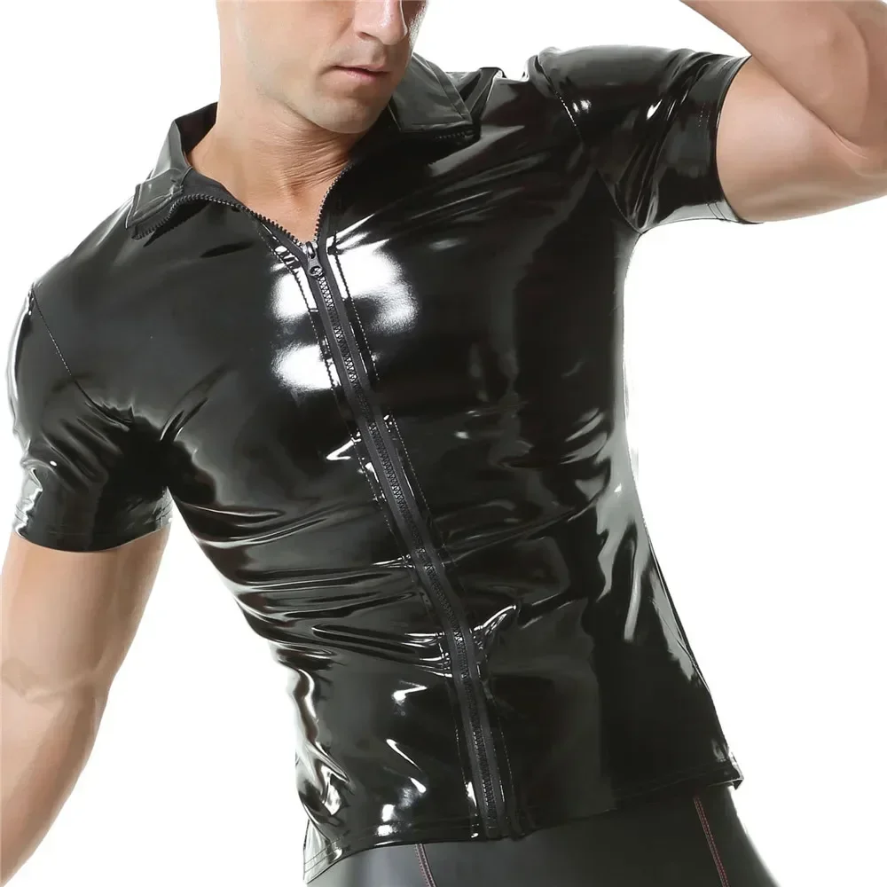 Men\'s Shirts PVC Leather Nightclub Stage T Shirts Short Sleeve Turn-down Collar Zipper Shirts Tops Latex Wetlook Dance Clubwear