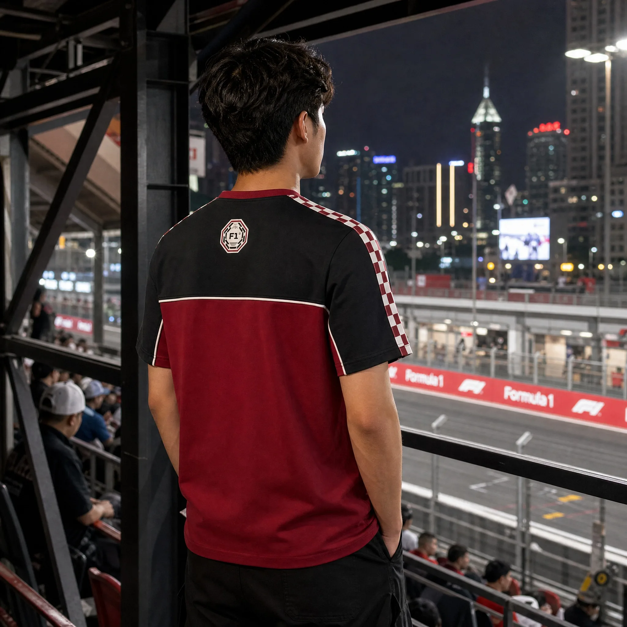 F1 T-shirt Men's Burgundy Black Checkered Sleeve Detail Front Chest Back Badge Racing Fan Short Sleeve T-shirt