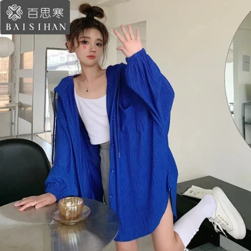 2024 Oversized Women\'s Hooded Spliced Fashion Loose Shirt New Spring/Autumn Solid Color Vintage Long Sleeve Shirt Sunscreen Coat