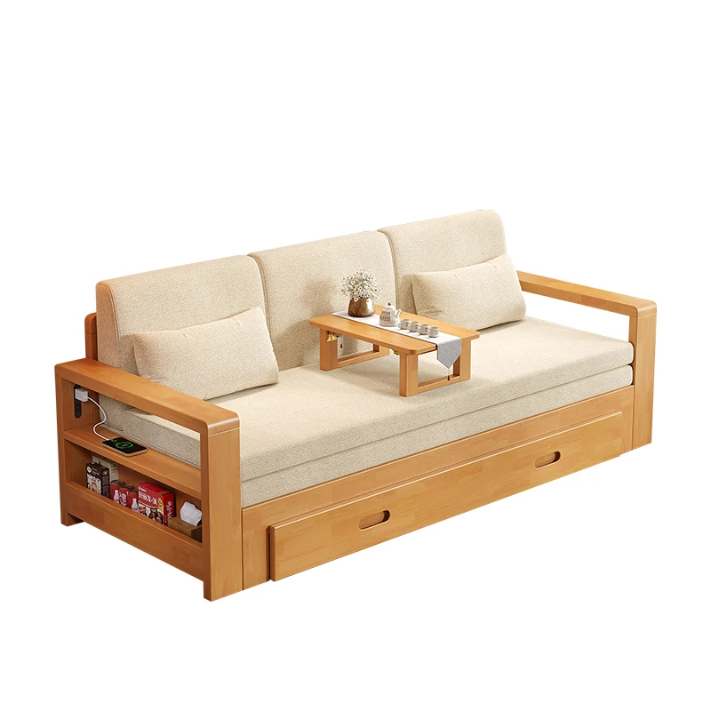 Solid wood sofa bed folding dual-purpose rubber wood storage bed retractable push-pull small apartment multi-functional sofa