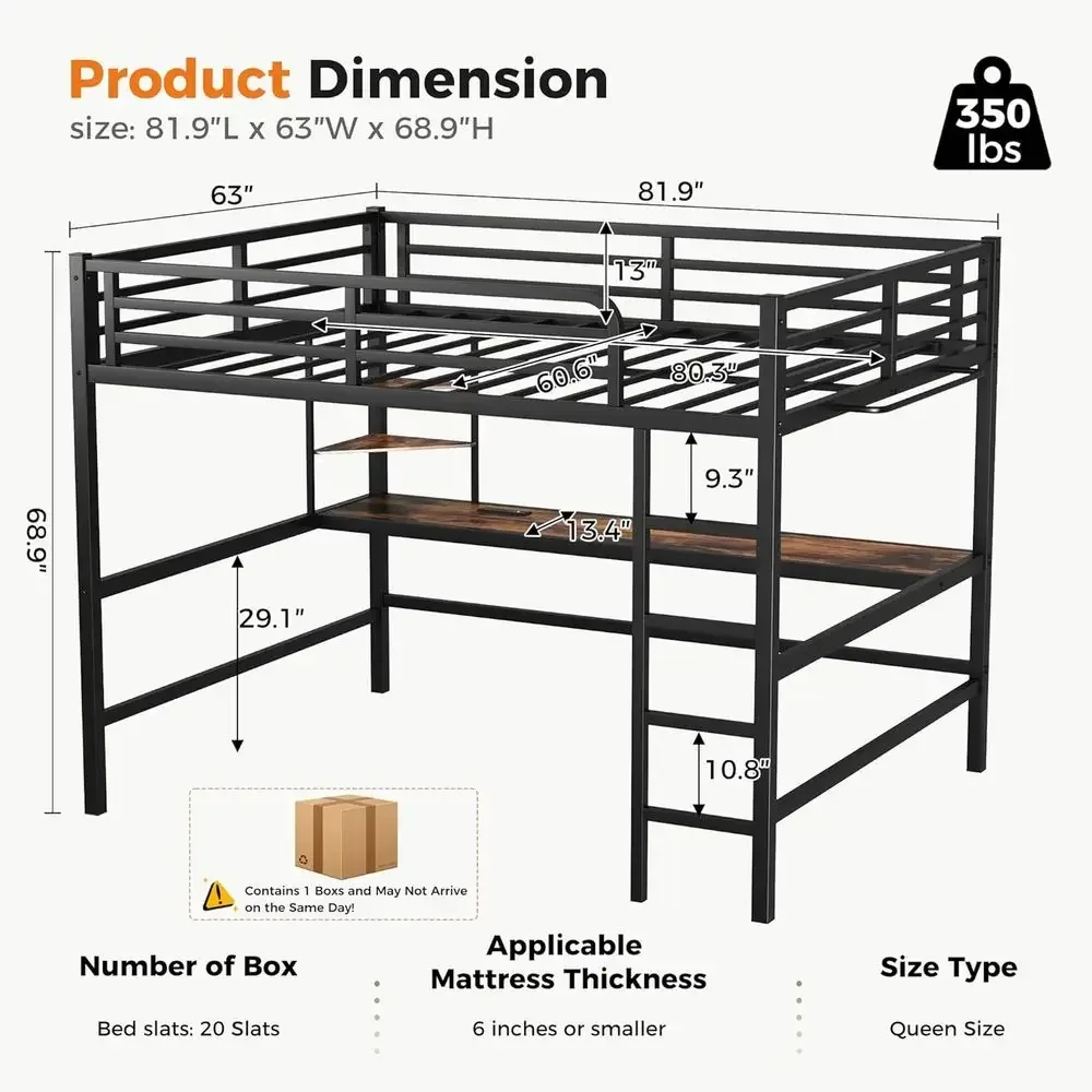 Queen Size Metal Loft Bed with Desk, LED Lights, USB Charging, Safety Rails, Ideal for Adults, Kids, Teens, Black
