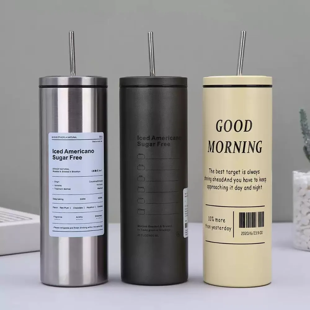 Cold Drink Thermos Cup 600ml with Metal Straw Leak Proof Lid 304 Stainless Steel BPA Free for Iced Coffee Travel Home Office