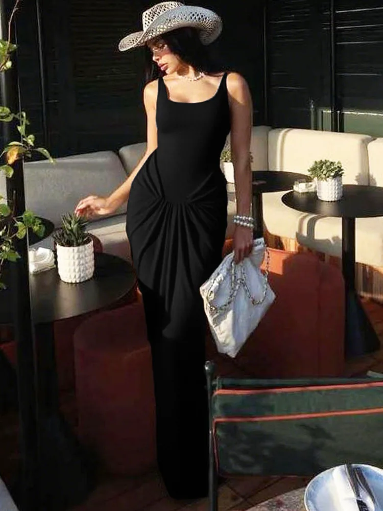 Oniflyme-Vestido largo liso sin mangas para mujer, vestido elegante con cuello en U y Espalda descubierta, vestidos ceñidos fruncidos drapeados, ropa de fiesta de noche Sexy