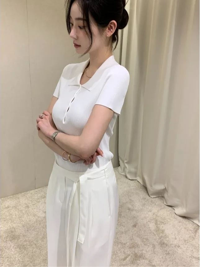 슬림 피트 폴로 넥 반팔 니트 셔츠 기본 스타일 여름 새로운 도착 우아한 품질 폴리 에스터 섬유 숙녀 탑