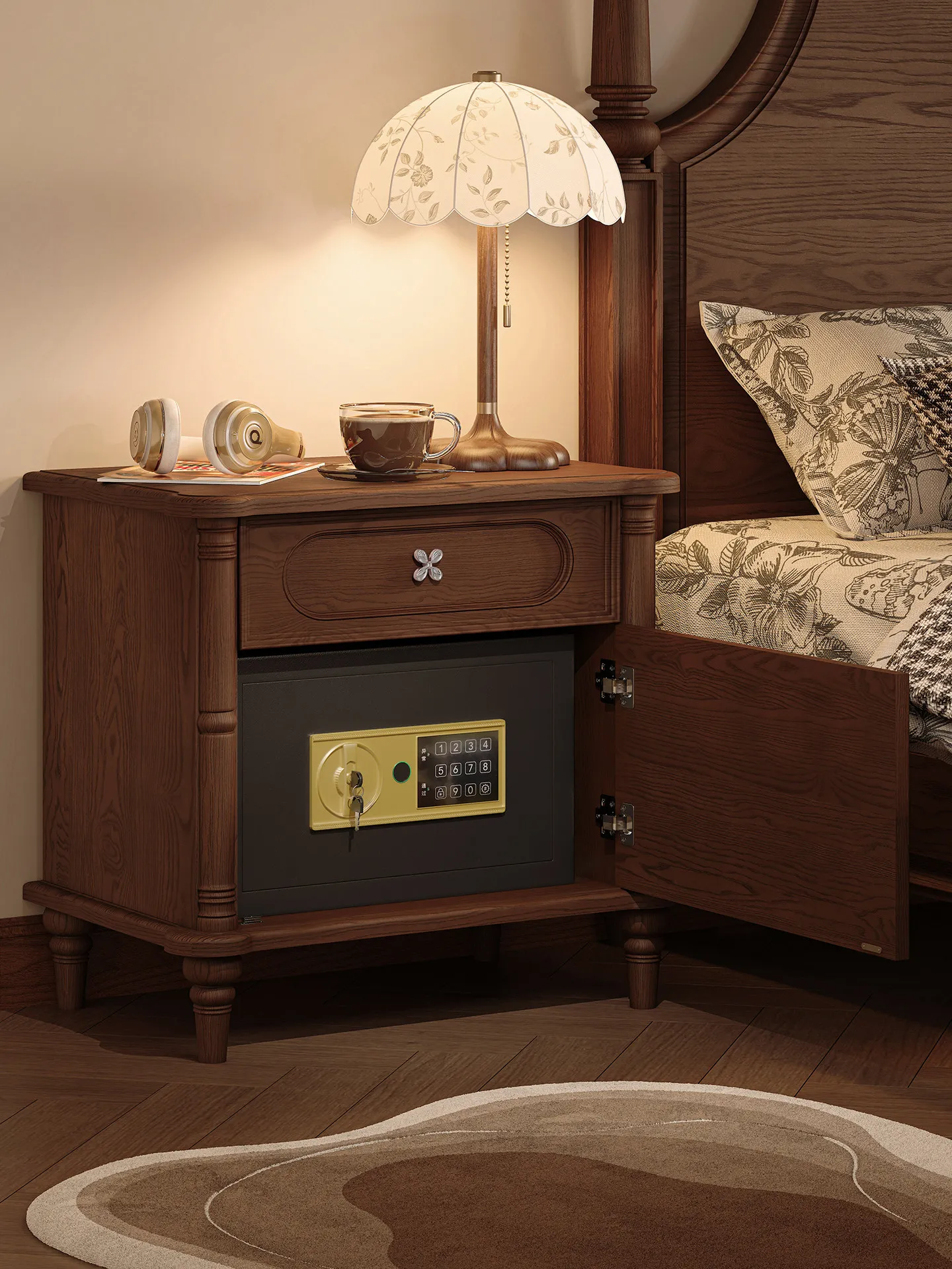 American vintage solid wood nightstand, safe, integrated home anti-theft used bedroom tall bedside cabinet with lock