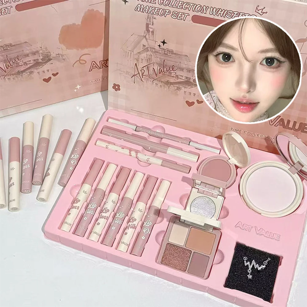 Confezione regalo per trucco da 14 pezzi Farfalla Fiocco Cuore Rossetto in polvere Fard Ombretto Confezione regalo per trucco Set e collana Regali di Natale