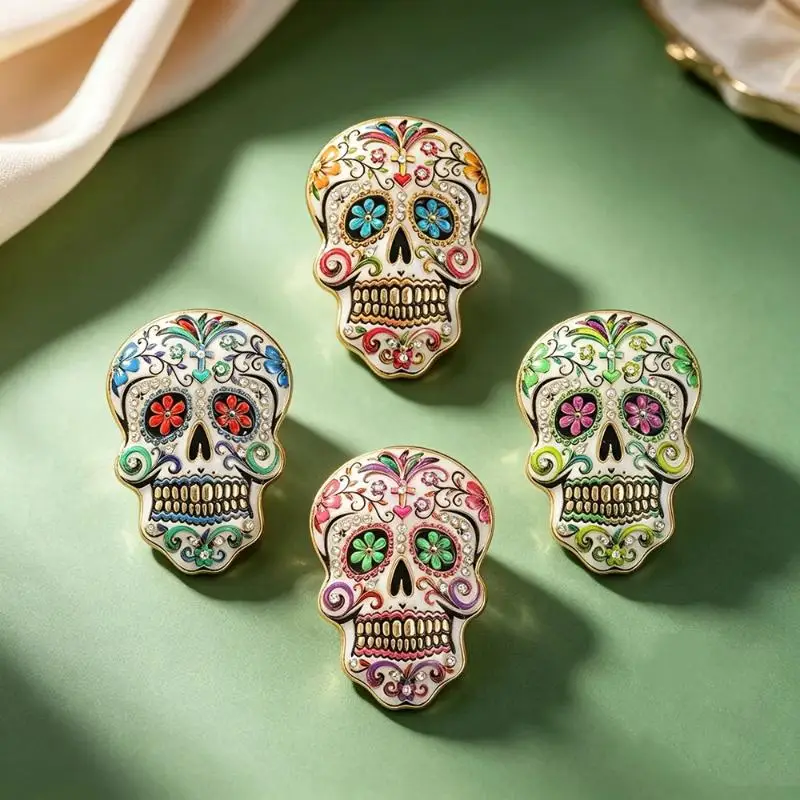 Unique Colorful Flower Sugar Skull Brooch Shiny Rhinestone Accent Stylish Accessory for Halloween Theme Parties