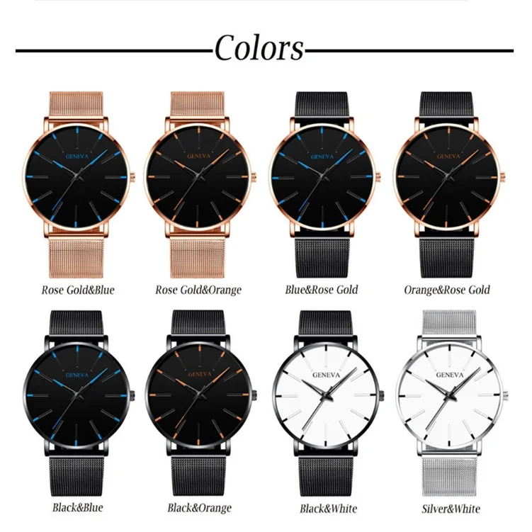 Kegllect 5szt. Ultra cienki męski zegarek ze stali nierdzewnej siateczkowy pasek kolorowe zegarki kwarcowe