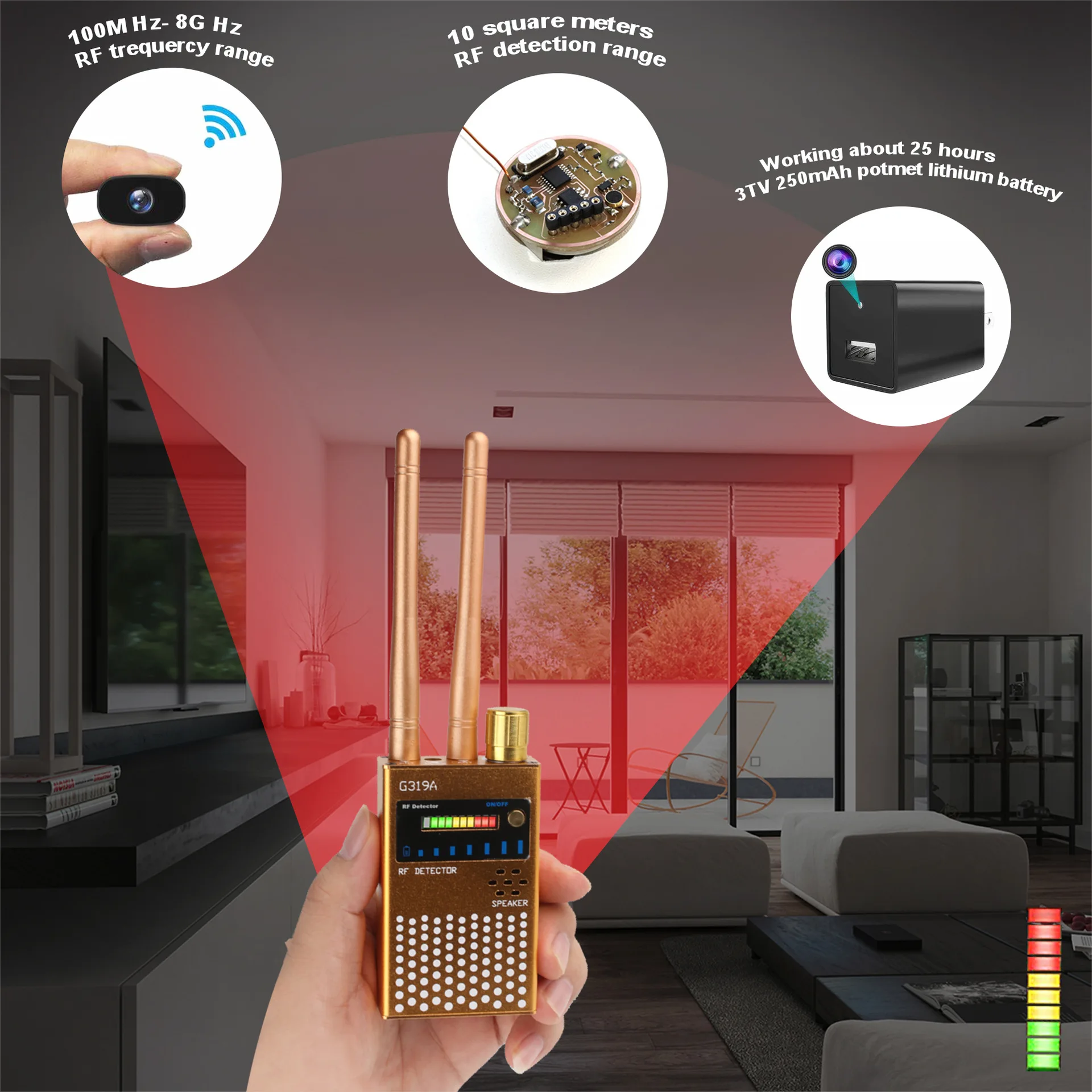 G319A HF-Detektor für versteckte Kameras und Spionage, 1 MHz–6500 MHz Frequenzbereich, 10 ㎡   Erkennung, tragbares Anti-Überwachungsgerät