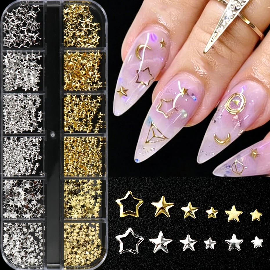 12er-Set Goldene und Silberne Sternnieten, Solide Nagelcharms, Y2K Stern-Metallnieten, Nagelkunst-Dekorationszubehör, Maniküre-Accessoires