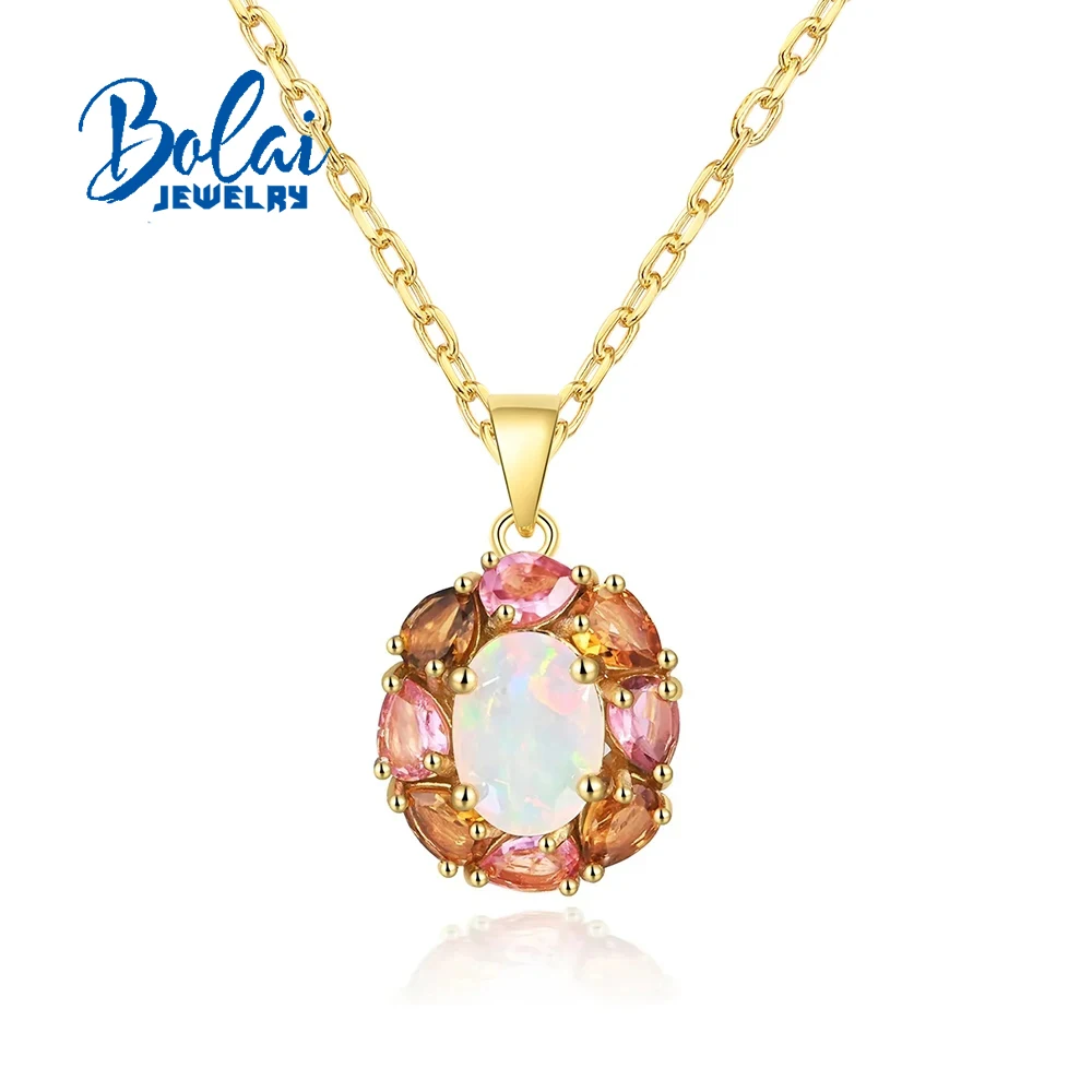 925 Sterling silver pendant necklace with chain natural colorful tourmaline opal gemstone fine jewelry for women nice gift