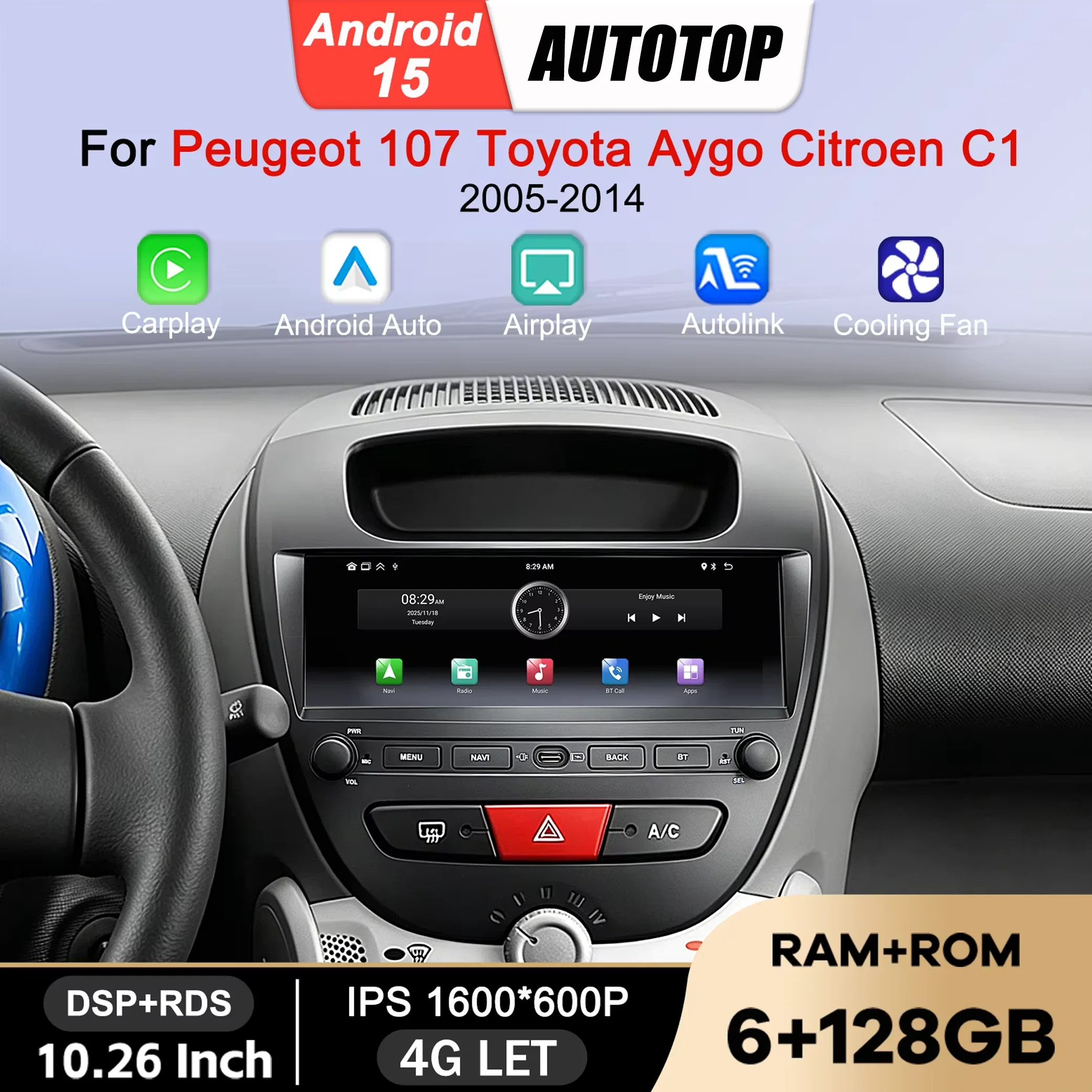 Autoradio 10.26 pouces pour Peugeot 107 Toyota Aygo Citroen C1 2005-2014 GPS multimédia sans fil CarPlay Android Auto BT DSP RDS