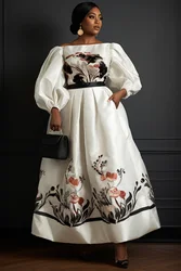 Plus Size Formal White Floral Off The Shoulder Puff Sleeve Long Sleeve Satin Maxi Dresses