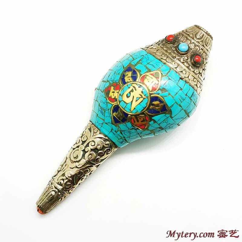 15CM Real Seashell Handicrafts Tibetan Buddhist Things Copper Capped Colorful Stone Craft Arts Free Shipping BC980