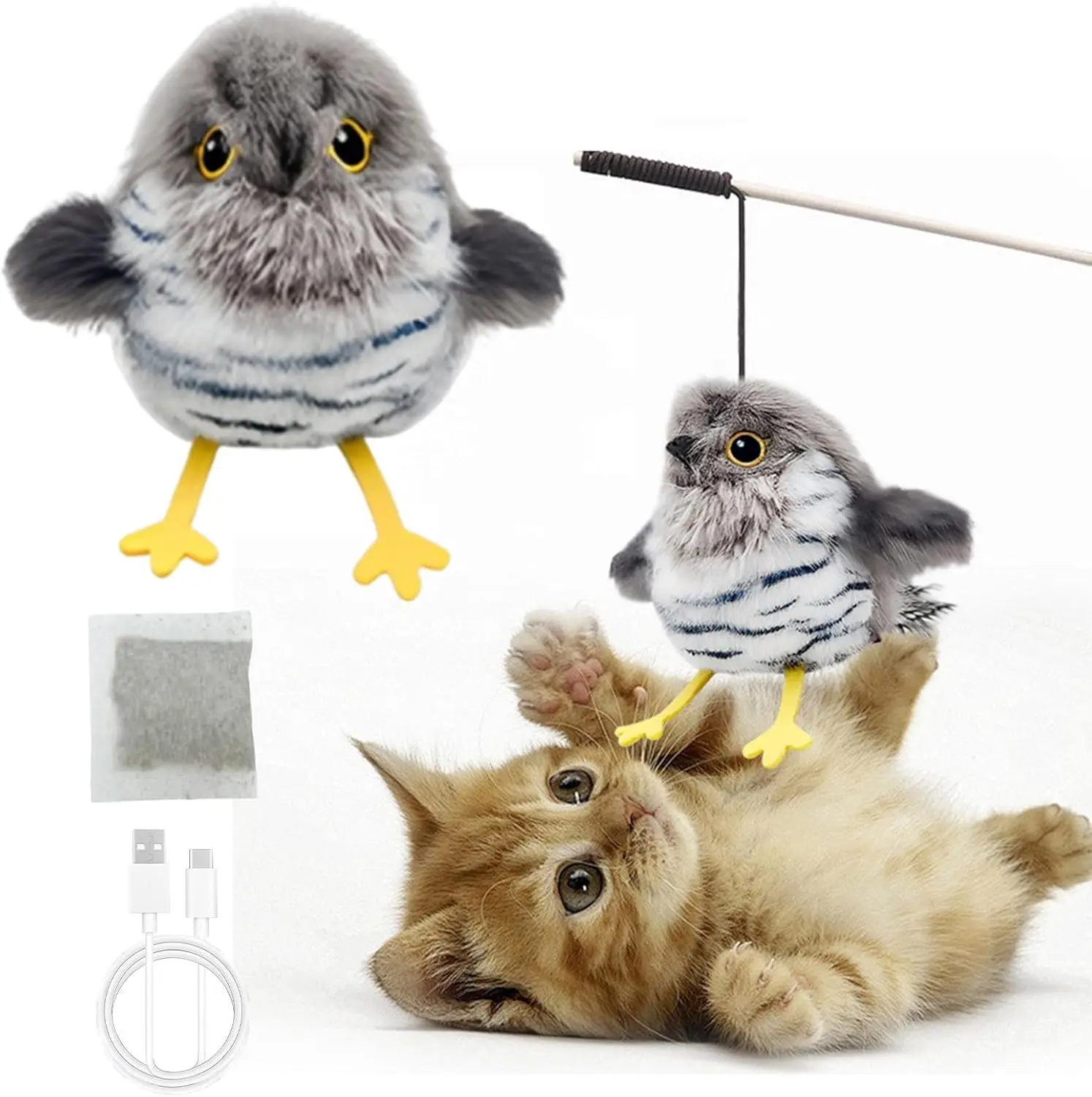 Flatterndes Vogel-Katzenspielzeug, Simulierter Elektrischer Zwitschernder Vogel, Wiederaufladbares Vogeljagd-Spielzeug für Interaktive Katzenspiele im Innenbereich, Haustierzubehör